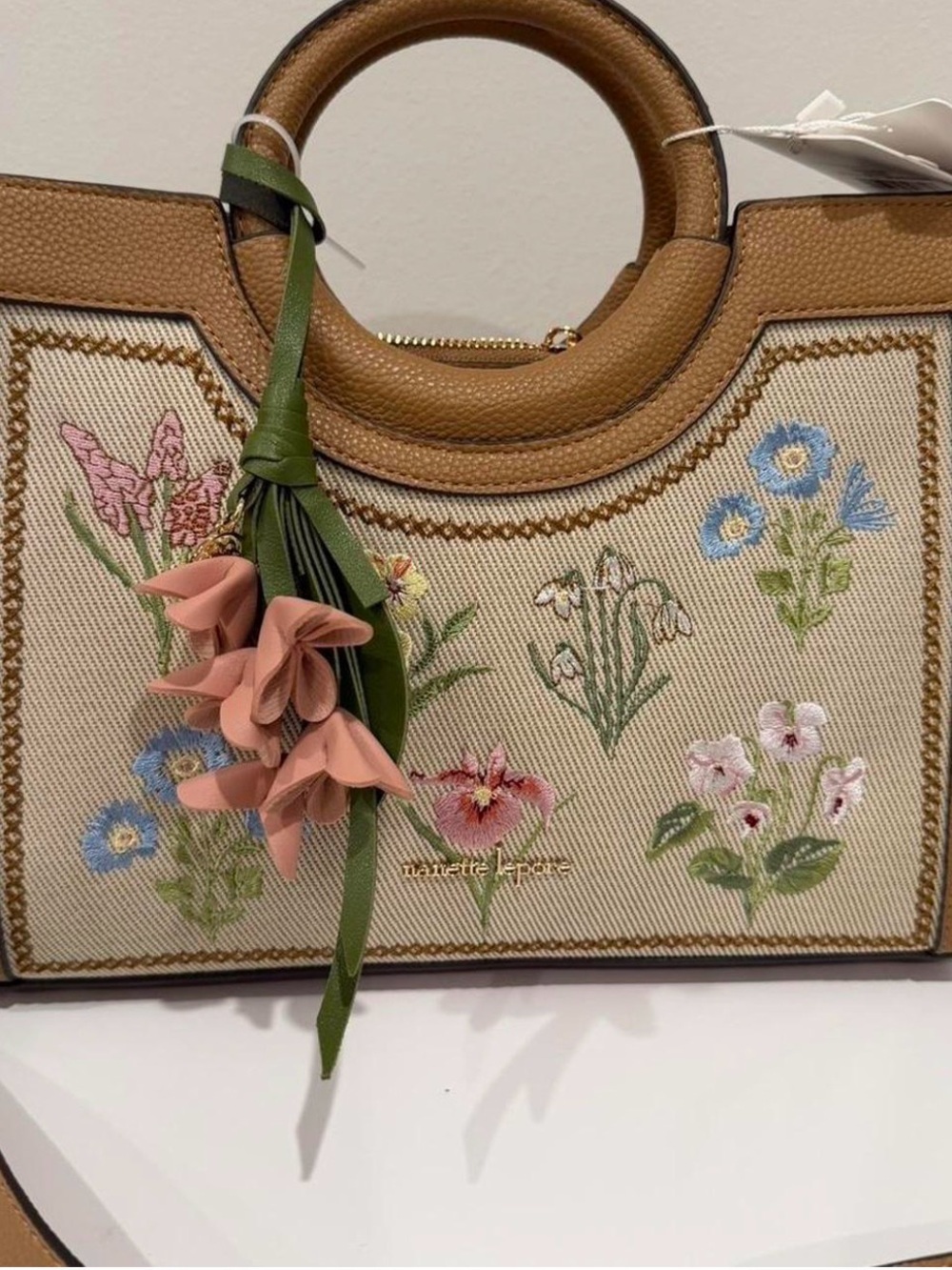 Nanette Lepore Beige Floral Embroidered Tote with Tan Leather Trim